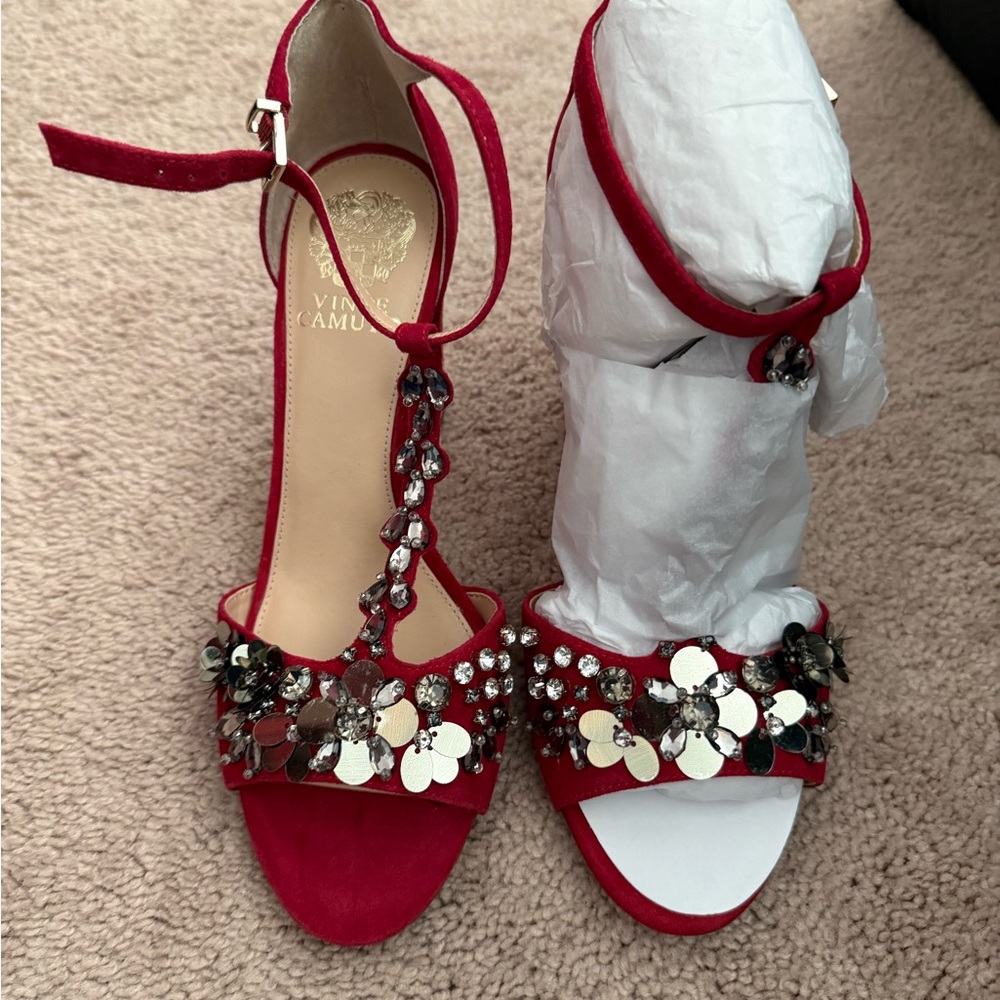 Vince Camuto Red Jeweled T-Strap Heels